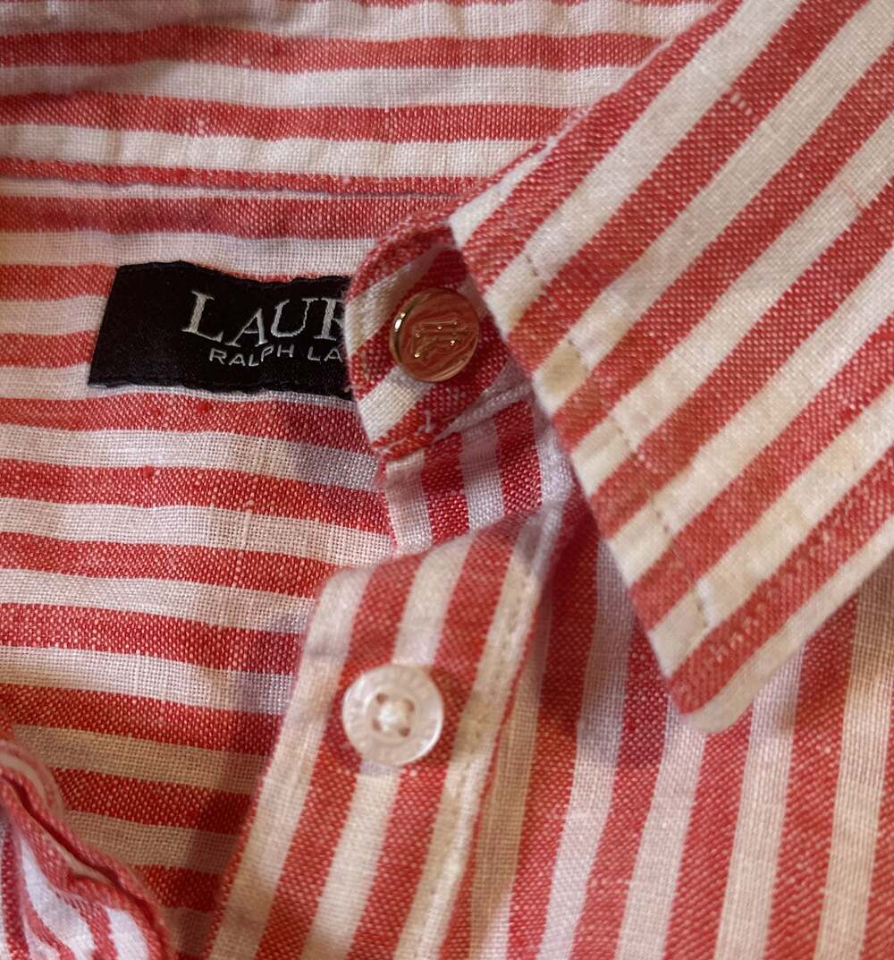Lauren Ralph Lauren Red/White Striped Tie Front Linen Top Large Coastal Chic - Picture 10 of 10